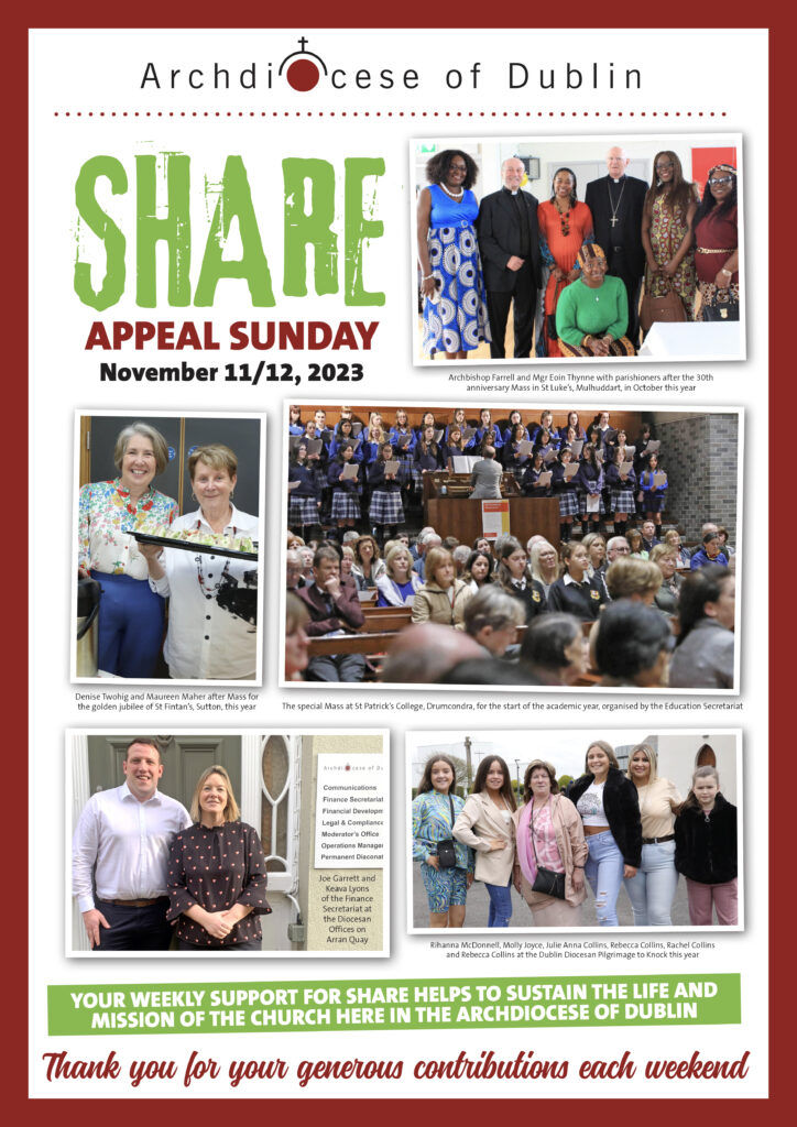 Graphic informing people of the Share Appeal which took place on November 11th and 12th 2023 with pictures of religious people taking part and gathering in church.