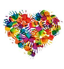 Graphic of a heart made with different coloured handprints.