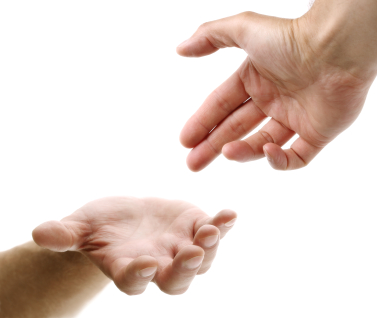 Graphic of two hands reaching for each other from the top right hand corner and the left bottom hand corner with a white background.