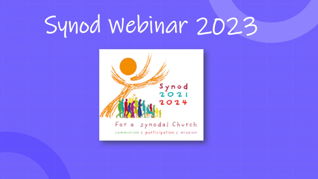 Synod update webinar-January 2023. Graphic shows a white square with gold decoration under which people are walking towards the words "Synod 2021, 2024". Under this are the words "For a synodal Church communism/participation/mission".