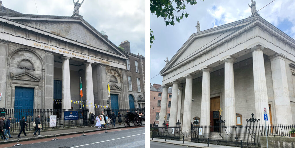 Graphic of St Mary’s Pro-Cathedral, Dublin on the Feast of St Kevin, June 3, 2024 and another important building in Dublin where people are walking past.