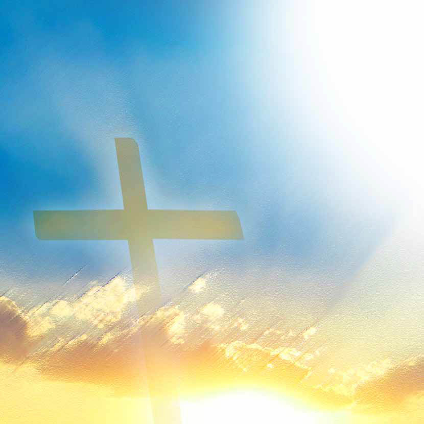 Graphic of a white cross in front of a blue sky with a yellow sun underneath the cross and a white circle to the top left.
