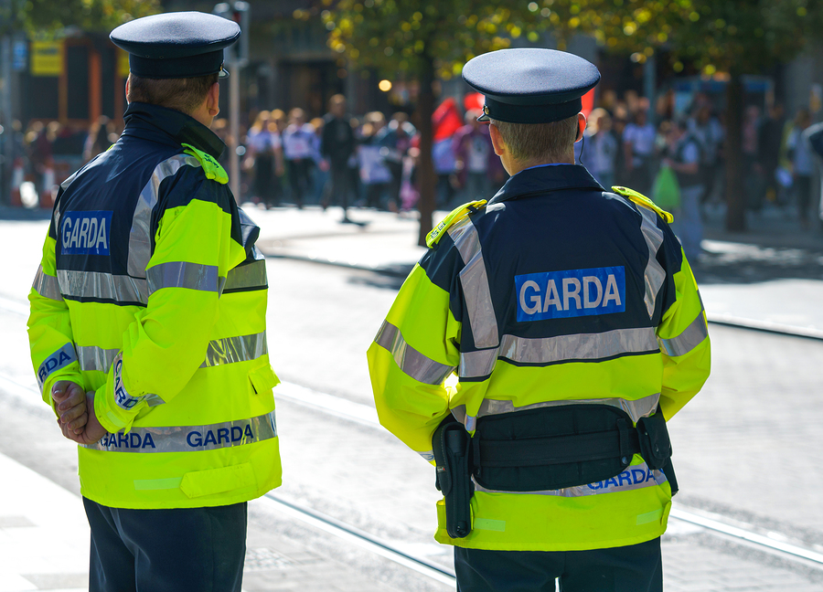 Graphic of two gardaí dressed in garda uniform looking towards a crowd of people gathered together.