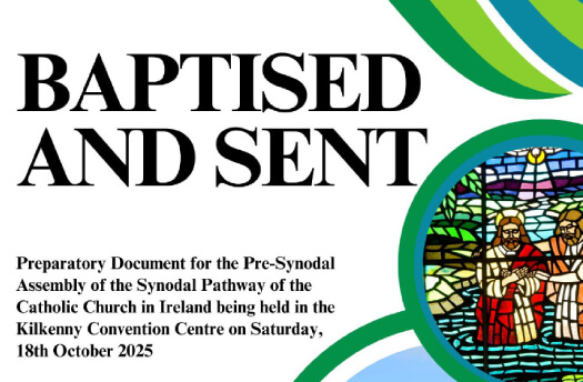 Document titled 'Baptised and Sent', for the Pre-Synodal Assembly of the Synodal Pathway of the Catholic Church in Ireland, featuring a stained-glass window design